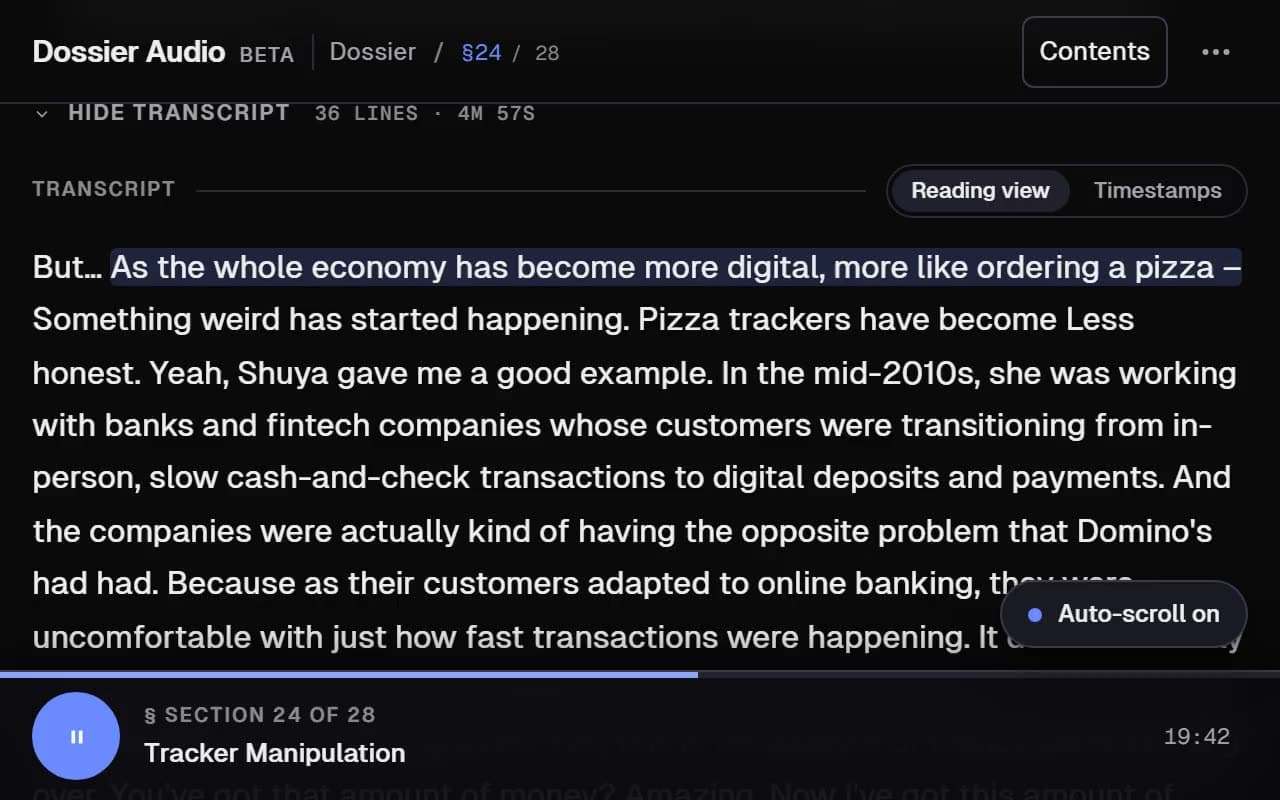 Playback at 2x on Tracker Manipulation: the transcript highlights the line being said