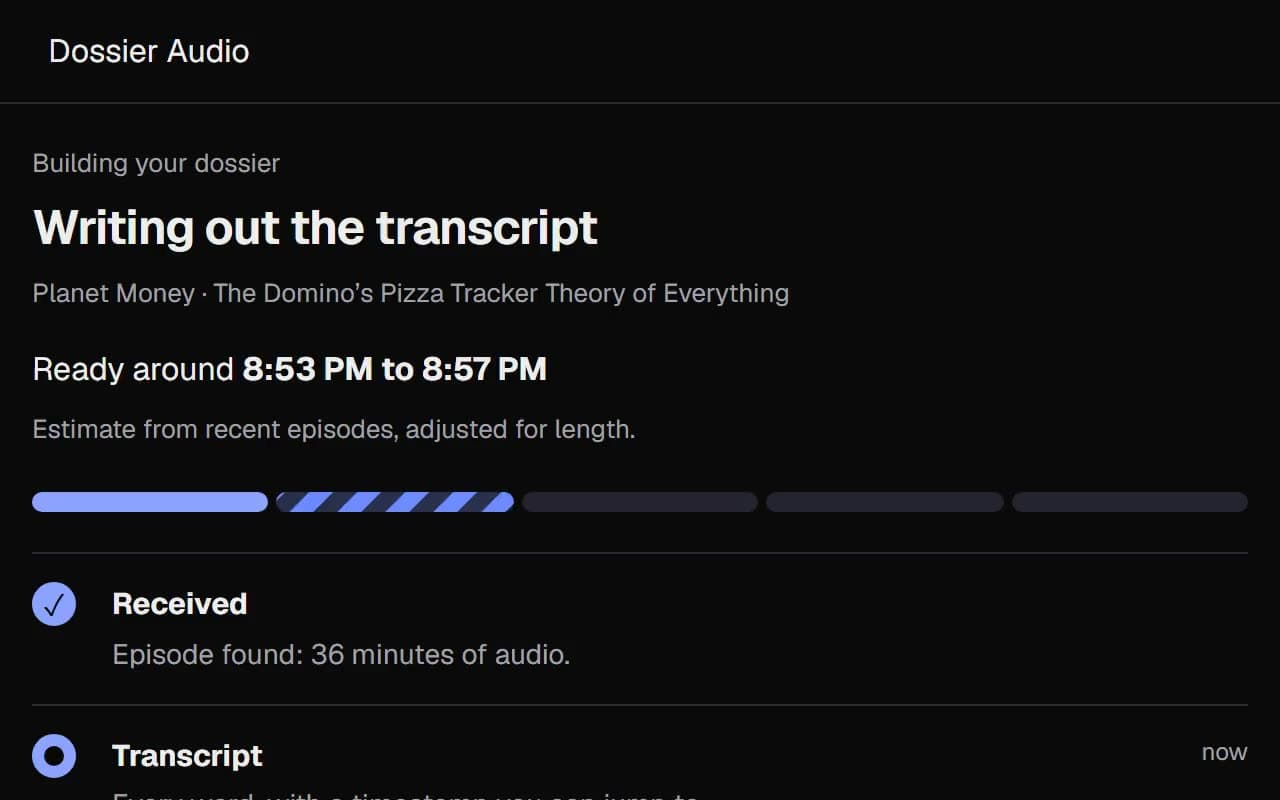 The progress tracker moving from Transcript to Chapters to People and sources to Ready
