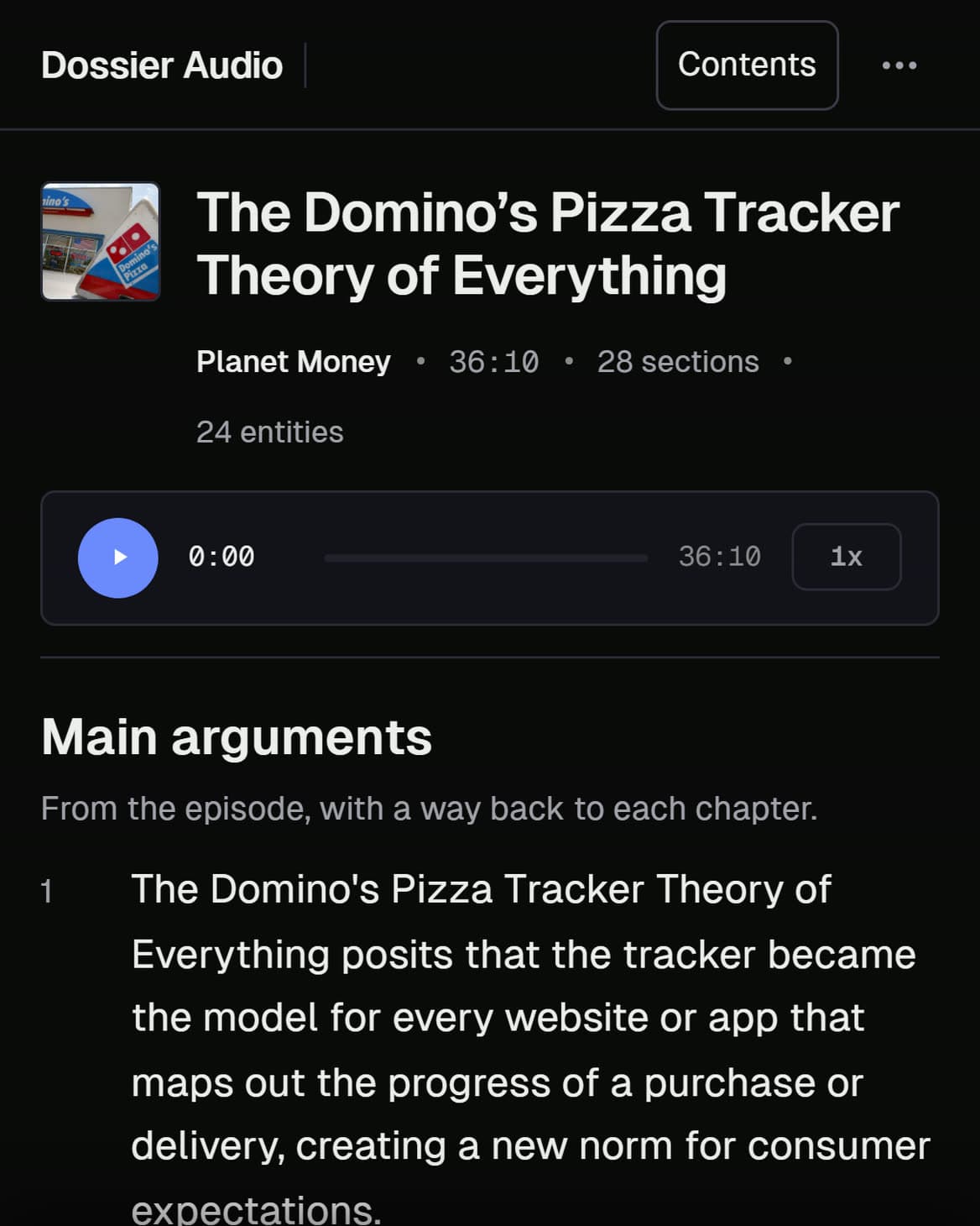 Real dossier on Planet Money’s The Domino’s Pizza Tracker Theory of Everything: artwork, player and Main arguments with timestamps